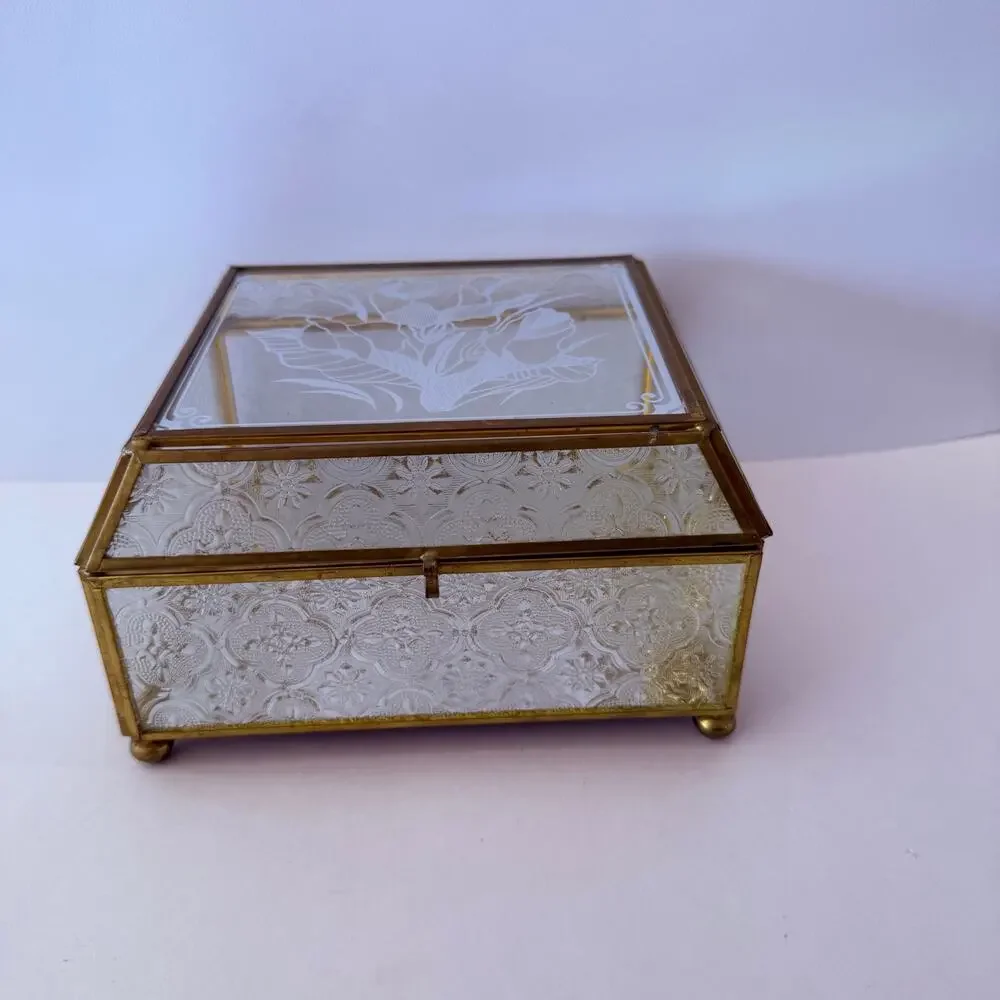 Vintage Brass Glass Box Mirror Floral Textured Side Footed Chain Latch 7 x 6 x 4